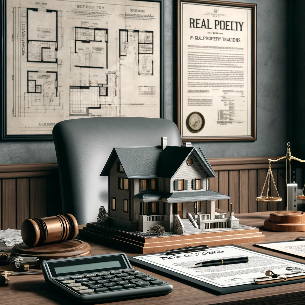 Aan image for a real estate law section, focusing on real property transactions. The scene should depict an elegant real estate office setting.