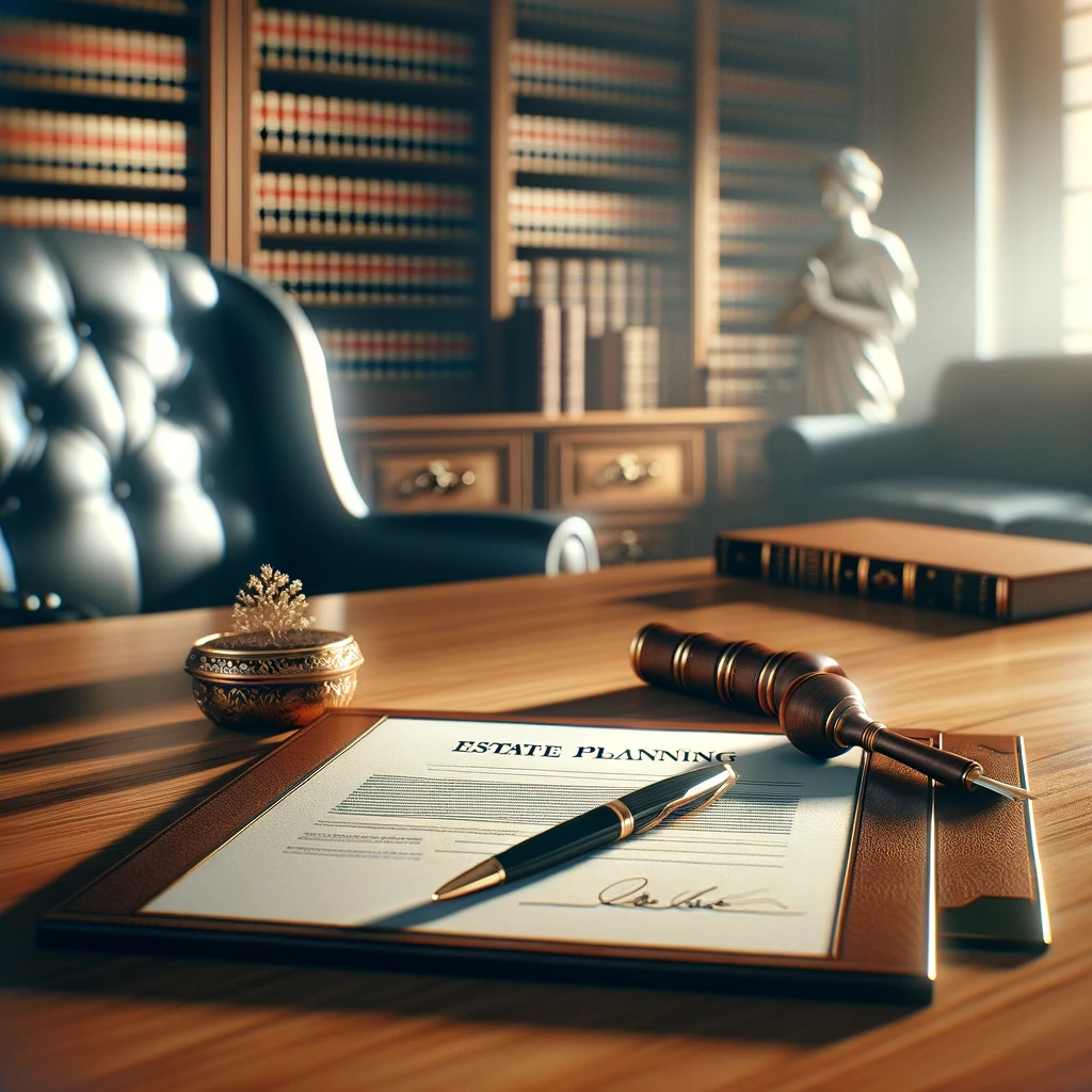 A professional and serene image depicting estate planning. Visualize an elegant office setting with a wooden desk, legal documents neatly arranged.